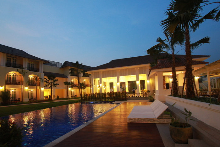 The pool and pavilion at dusk